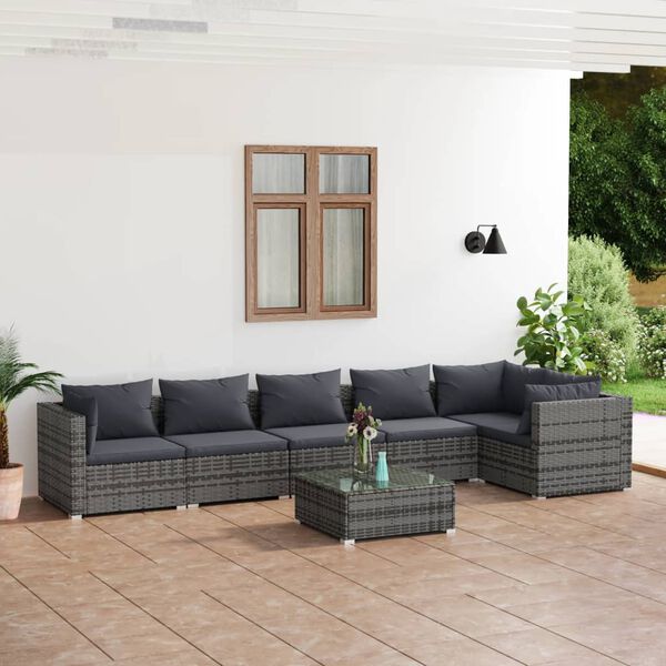 vidaXL Salon de jardin 7 pcs avec coussins R&eacute;sine tress&eacute;e Gris