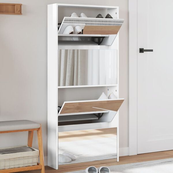 vidaXL Armoire &agrave; chaussures miroir 4 niveaux blanc brillant