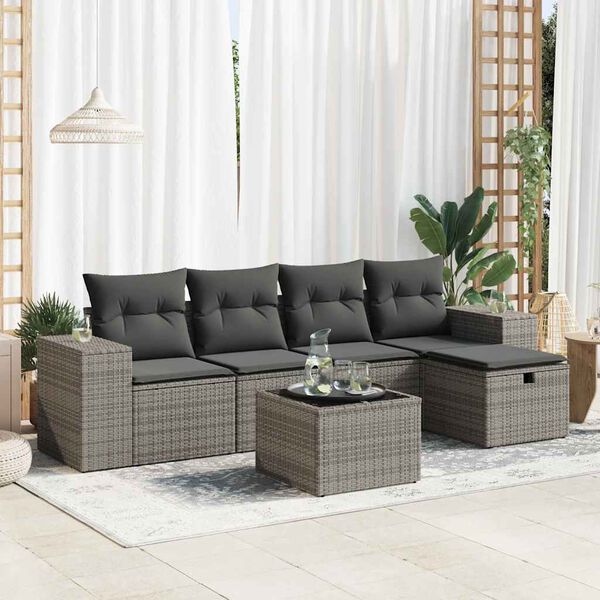vidaXL Salon de jardin 6 pcs avec coussins gris r&eacute;sine tress&eacute;e