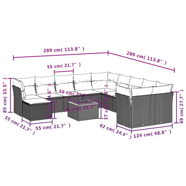 vidaXL Salon de jardin 12 pcs avec coussins noir r&eacute;sine tress&eacute;e
