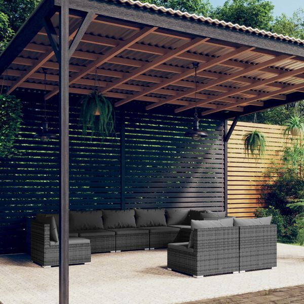 vidaXL Salon de jardin 9 pcs avec coussins Résine tressée Gris