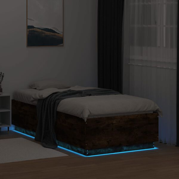 vidaXL Cadre de lit avec LED sans matelas ch&ecirc;ne fum&eacute; 75x190 cm