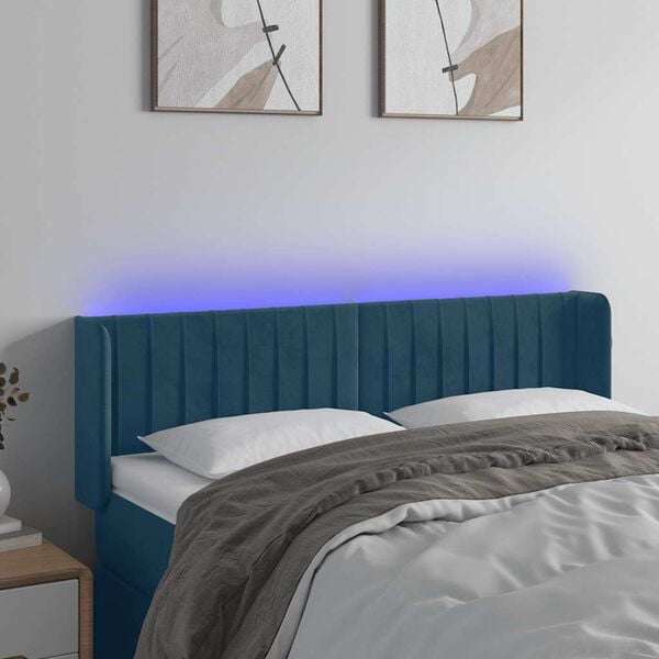 vidaXL T&ecirc;te de lit &agrave; LED Bleu fonc&eacute; 147x16x78/88 cm Velours