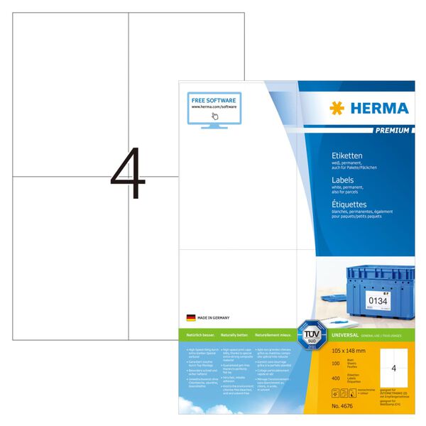 HERMA &Eacute;tiquettes permanentes PREMIUM A4 105x148 mm 100 Feuilles Blanc