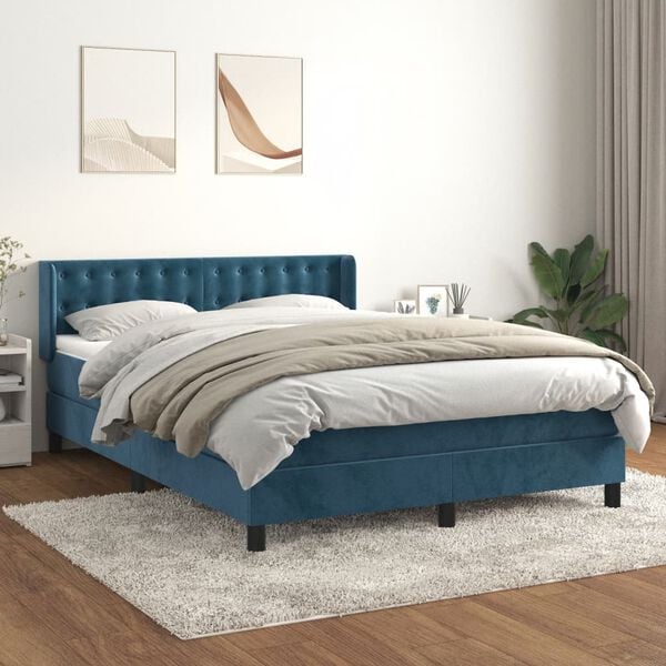 vidaXL Sommier &agrave; lattes de lit et matelas Bleu fonc&eacute; 140x190cm Velours