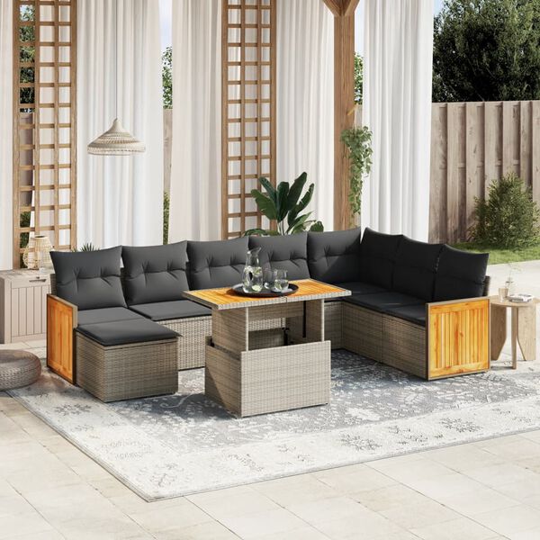 vidaXL Salon de jardin 9 pcs avec coussins gris r&eacute;sine tress&eacute;e