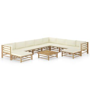 vidaXL Salon de jardin 11 pcs avec coussins blanc crème bambou