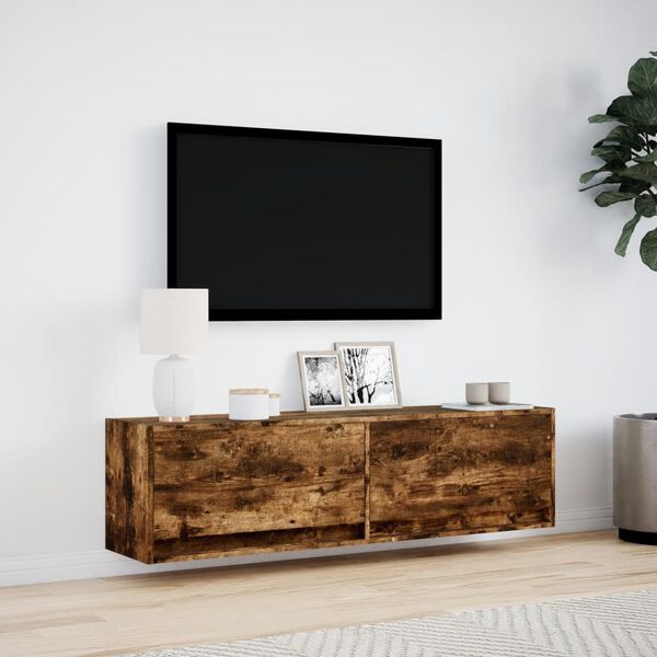 vidaXL Meuble TV mural avec lumières LED chêne fumé 140x31x38 cm
