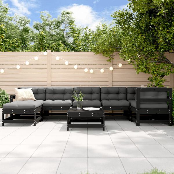 vidaXL Salon de jardin 8 pcs avec coussins noir bois massif