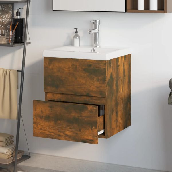 vidaXL Meuble lavabo avec bassin intégré Chêne fumé Bois d'ingénierie