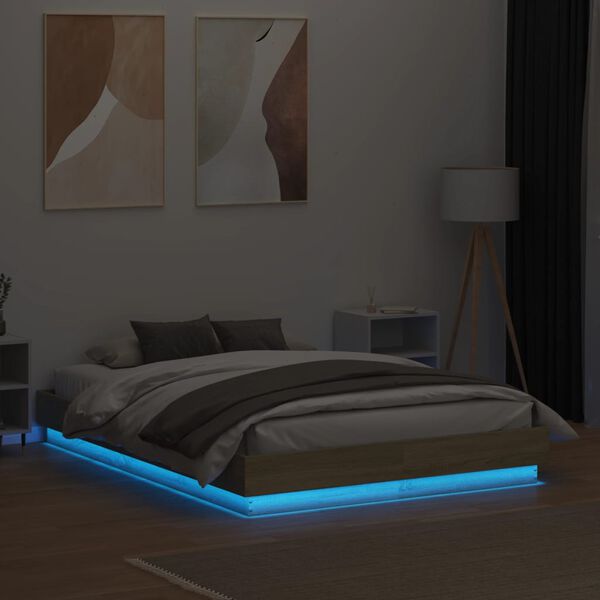 vidaXL Cadre de lit avec LED sans matelas ch&ecirc;ne sonoma 135x190 cm