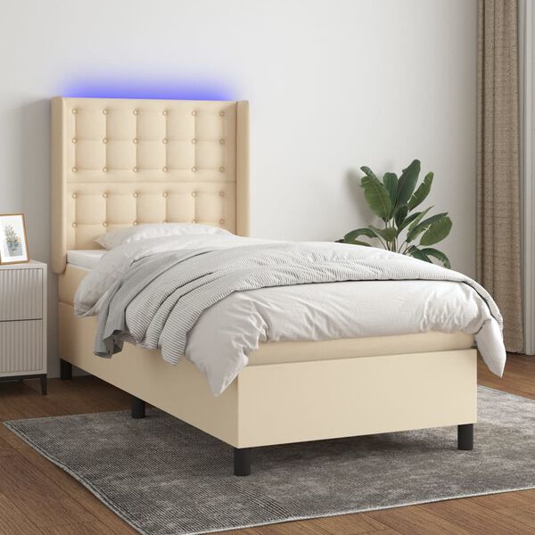 vidaXL Sommier &agrave; lattes de lit matelas et LED Cr&egrave;me 100x200 cm Tissu