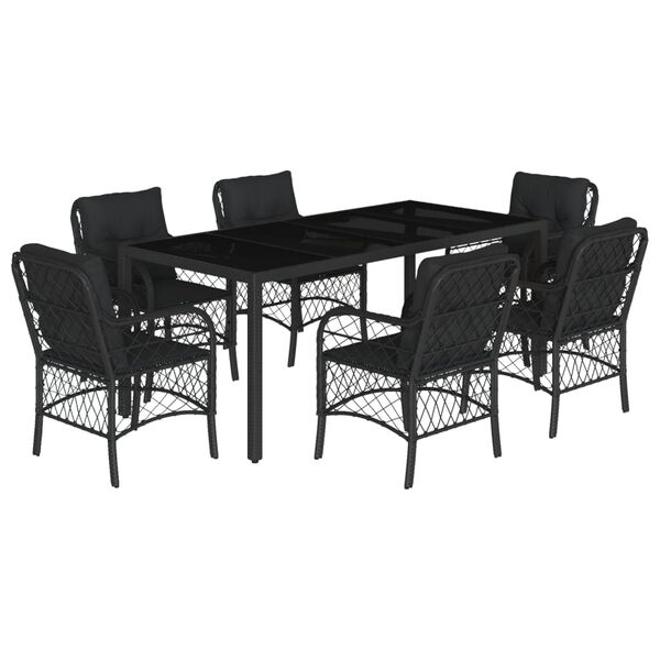 vidaXL Ensemble &agrave; manger de jardin coussins 7pcs Noir R&eacute;sine tress&eacute;e