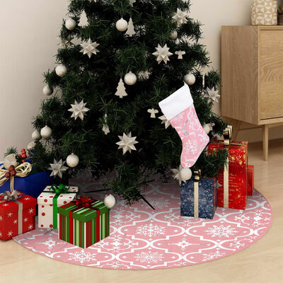 vidaXL Jupe de sapin de Noël de luxe avec chaussette Rose 122 cm Tissu