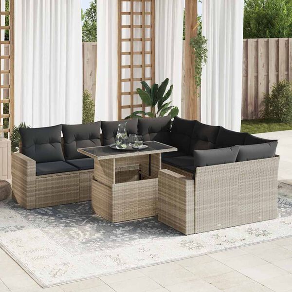 vidaXL Salon de jardin 9 pcs avec coussins gris clair r&eacute;sine tress&eacute;e