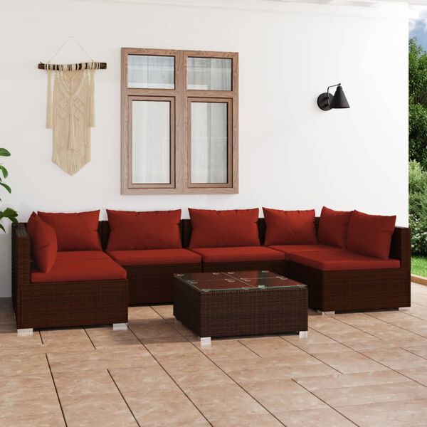 vidaXL Salon de jardin 7 pcs avec coussins R&eacute;sine tress&eacute;e Marron