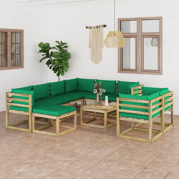 vidaXL Salon de jardin 10 pcs avec coussins bois de pin impr&eacute;gn&eacute;