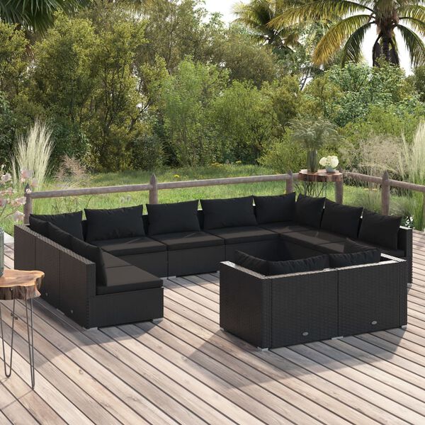 vidaXL Salon de jardin 11 pcs avec coussins Noir R&eacute;sine tress&eacute;e