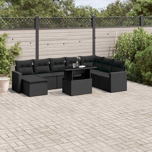 vidaXL Salon de jardin 9 pcs avec coussins noir r&eacute;sine tress&eacute;e
