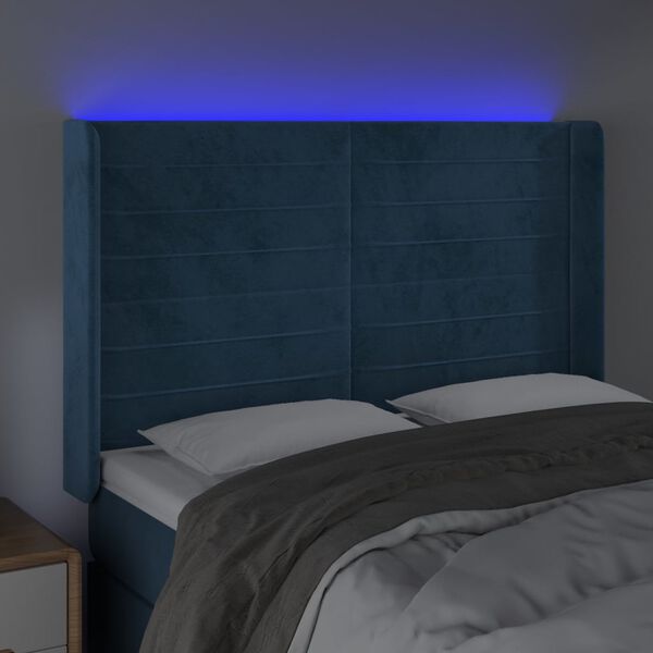 vidaXL T&ecirc;te de lit &agrave; LED Bleu fonc&eacute; 147x16x118/128 cm Velours
