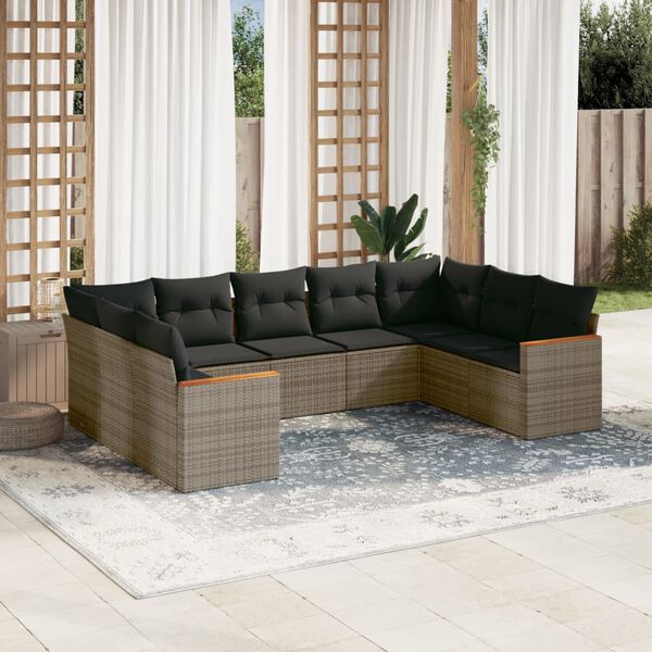 vidaXL Salon de jardin 9 pcs avec coussins gris r&eacute;sine tress&eacute;e