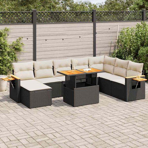 vidaXL Salon de jardin avec coussins 9 pcs noir r&eacute;sine tress&eacute;e acacia