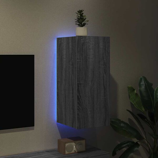 vidaXL Meuble TV mural avec lumi&egrave;res LED sonoma gris 30,5x35x70 cm