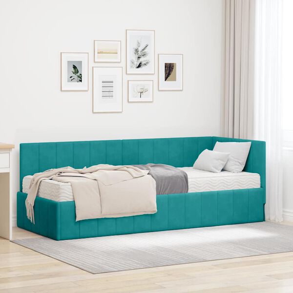 vidaXL Cadre de lit d'angle avec matelas 2 pcs Turquoise Velours