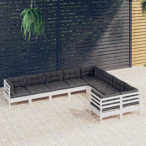vidaXL Salon de jardin 9 pcs avec coussins blanc bois de pin