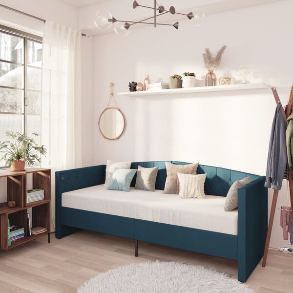 vidaXL Lit avec matelas et &eacute;clairage USB Bleu Velours 90x200 cm