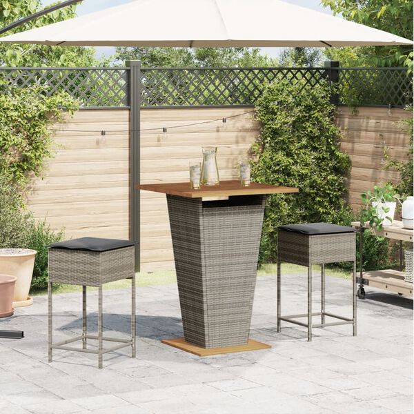 vidaXL Ensemble de bar de jardin 3 pcs et coussins gris r&eacute;sine tress&eacute;e
