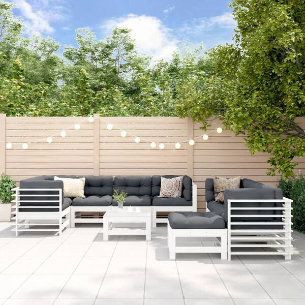vidaXL Salon de jardin 10 pcs avec coussins blanc bois massif