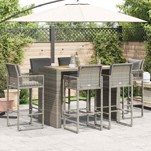 vidaXL Ensemble de bar de jardin 7 pcs avec coussins gris poly rotin