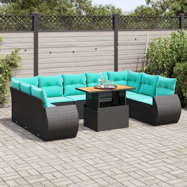 vidaXL Salon de jardin 10 pcs avec coussins noir r&eacute;sine tress&eacute;e