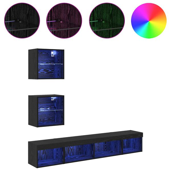 vidaXL Unit&eacute;s murales TV avec LED 5 pcs Ch&ecirc;ne noir Bois d'ing&eacute;nierie