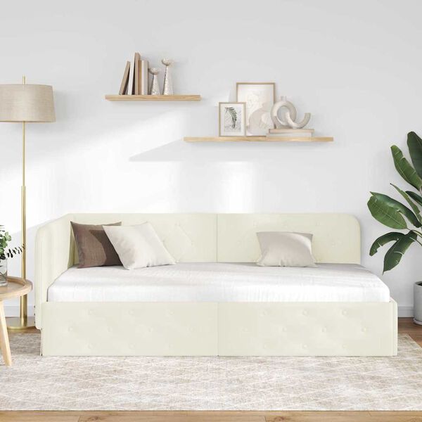 vidaXL Cadre de lit d'angle avec t&ecirc;te de lit Cr&egrave;me 90 x 190 cm Velours