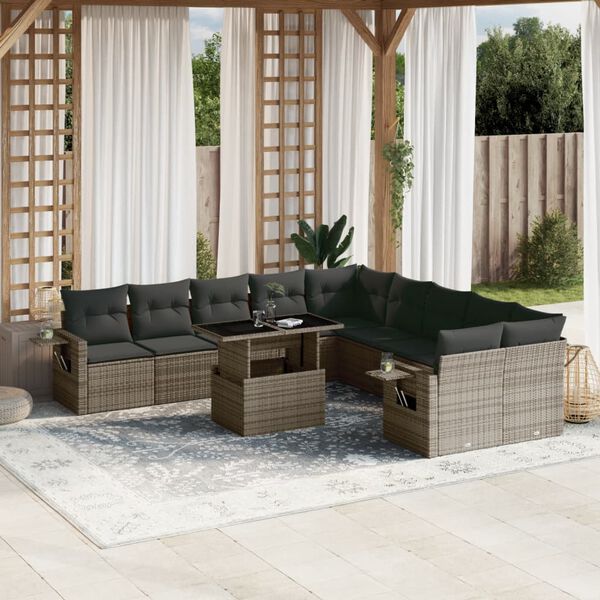 vidaXL Salon de jardin 11 pcs avec coussins gris r&eacute;sine tress&eacute;e