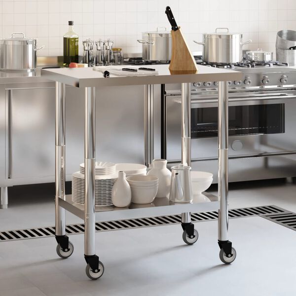 vidaXL Table de travail de cuisine avec roues 82,5x55x85 cm inox