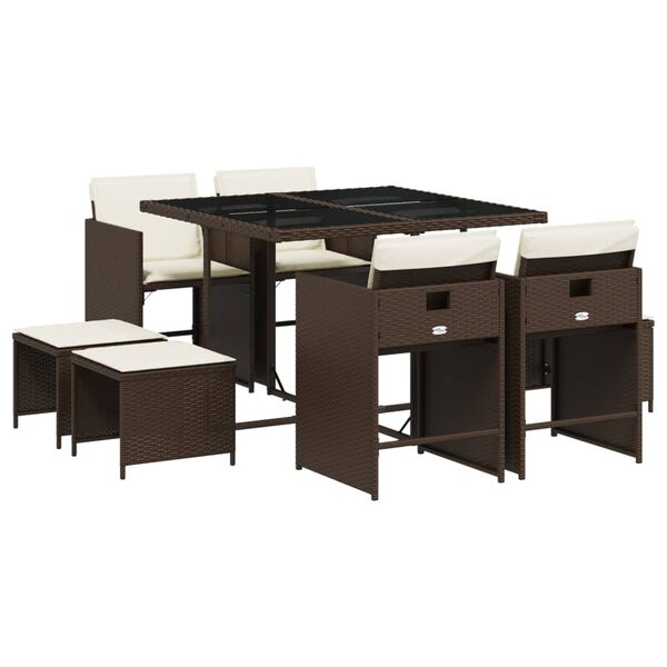 vidaXL Ensemble &agrave; manger de jardin et coussins 9 pcs marron poly rotin