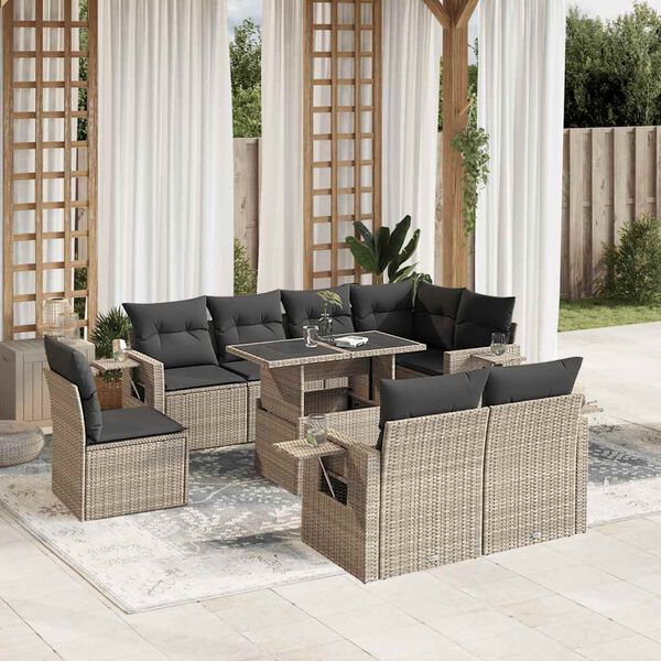 vidaXL Salon de jardin 9 pcs avec coussins gris clair résine tressée