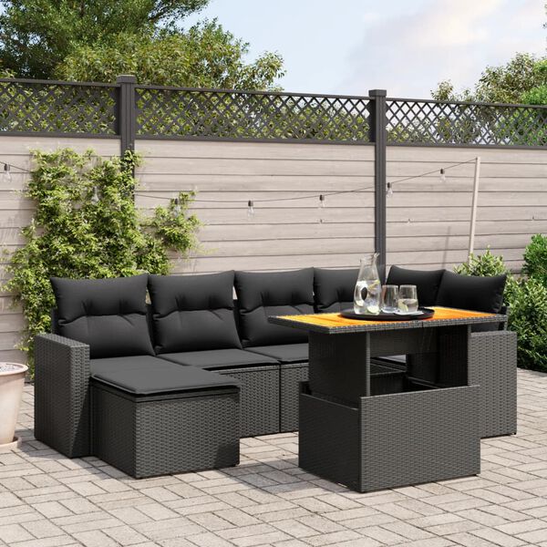 vidaXL Salon de jardin 7 pcs avec coussins noir r&eacute;sine tress&eacute;e