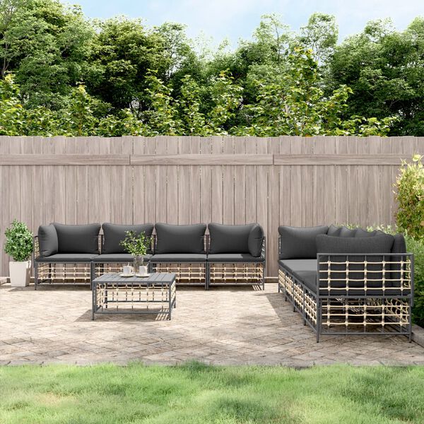 vidaXL Salon de jardin 9 pcs avec coussins anthracite résine tressée