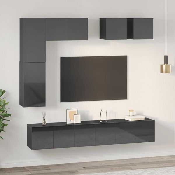 vidaXL Ensemble de meuble TV 8 pcs Gris brillant Bois d'ing&eacute;nierie