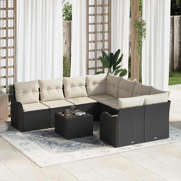 vidaXL Ensemble de canap&eacute; de jardin avec coussin 9 pcs Noir et Cr&egrave;me