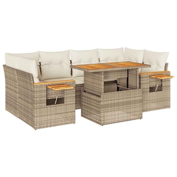 vidaXL Salon de jardin avec coussins 7 pcs beige r&eacute;sine tress&eacute;e acacia