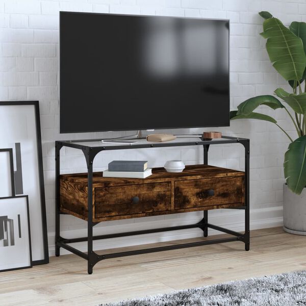 vidaXL Meuble TV avec dessus en verre ch&ecirc;ne fum&eacute; bois d'ing&eacute;nierie