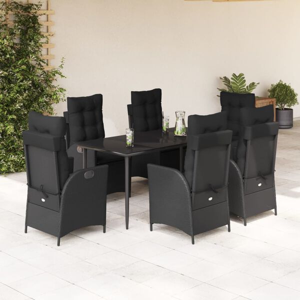 vidaXL Ensemble &agrave; manger de jardin coussins 7pcs Noir R&eacute;sine tress&eacute;e