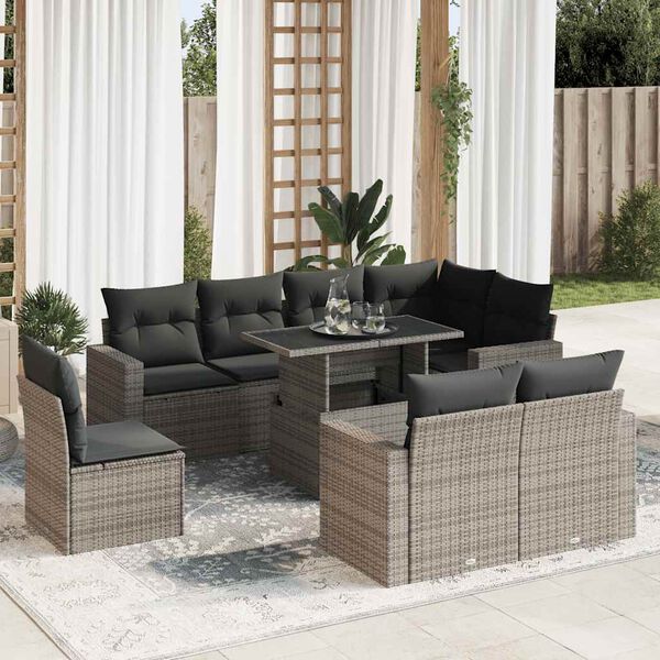 vidaXL Salon de jardin 9 pcs avec coussins gris r&eacute;sine tress&eacute;e