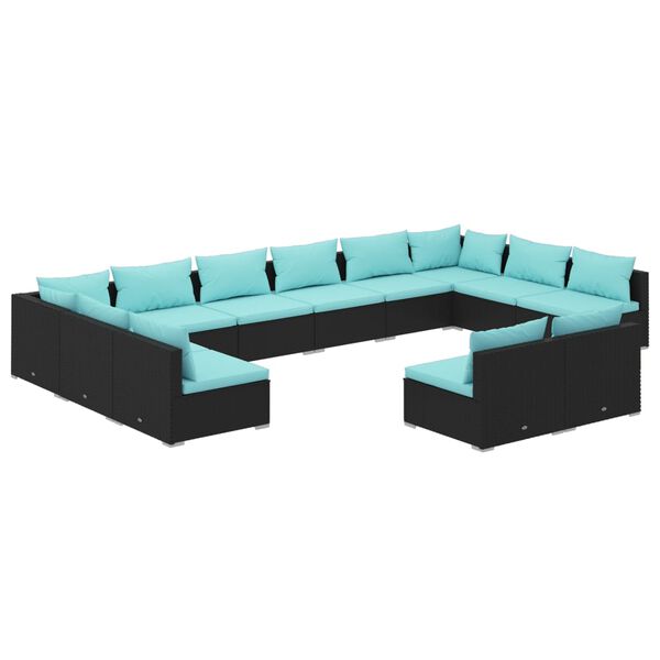 vidaXL Salon de jardin 12 pcs avec coussins Noir R&eacute;sine tress&eacute;e