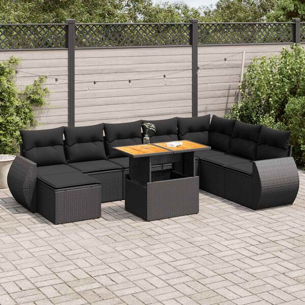 vidaXL Salon de jardin 9 pcs avec coussins noir r&eacute;sine tress&eacute;e
